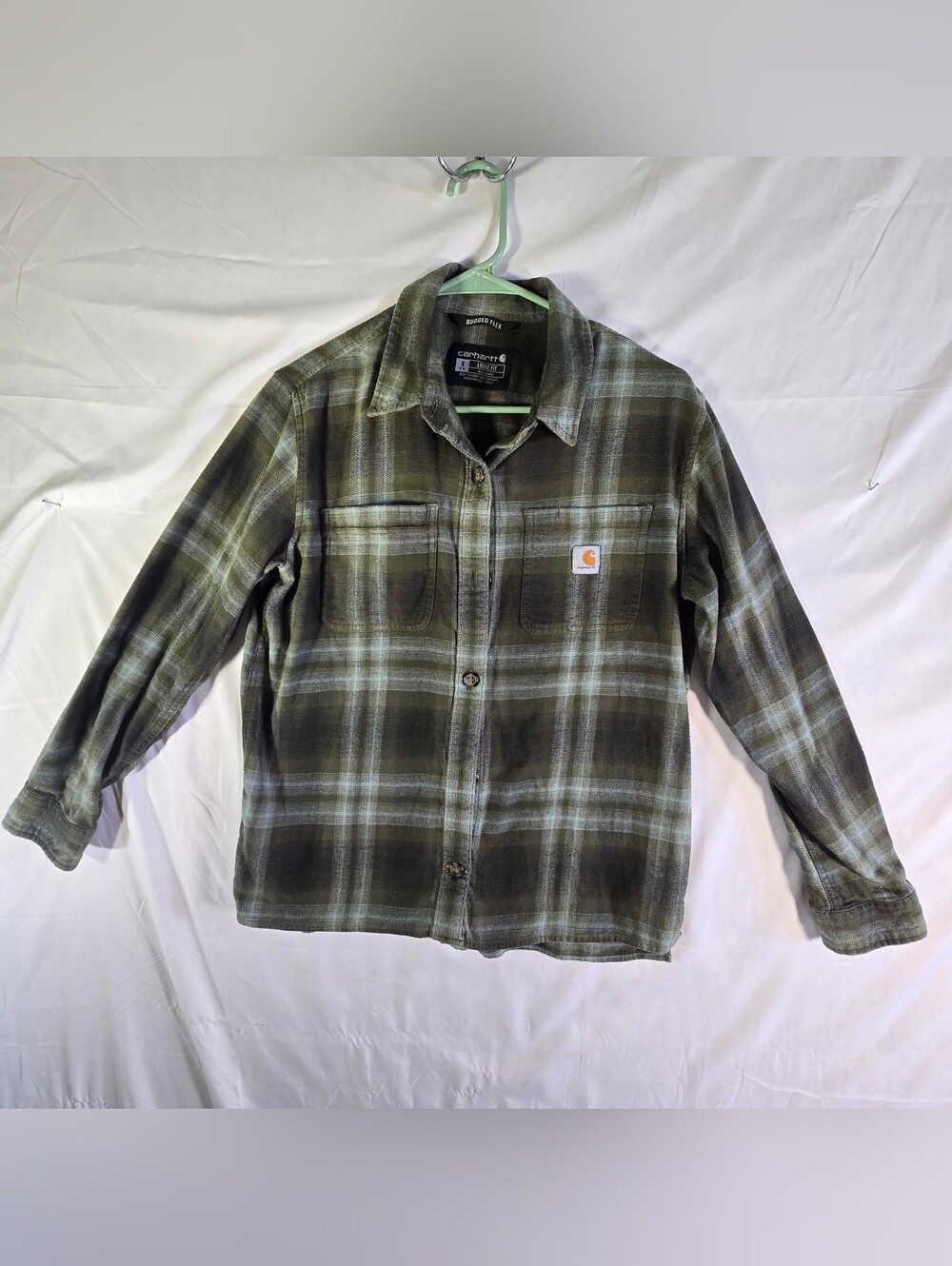 Carhartt Rugged Flex Mens S Green/Gray Plaid Flannel Shirt Pockets TW5574-W